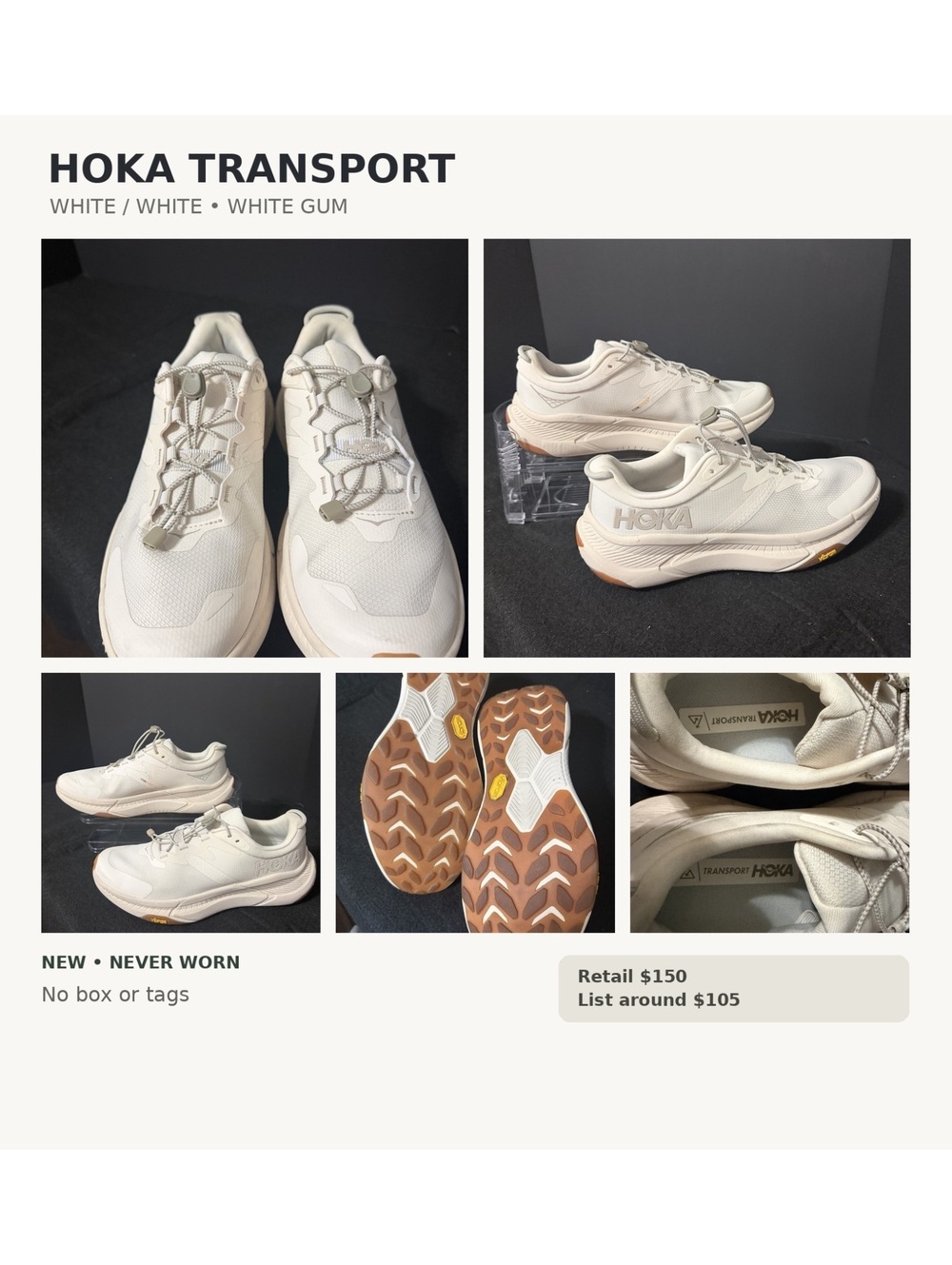 HOKA Transport Cream Off-White Gum Sneakers - New, Never Worn - 9B